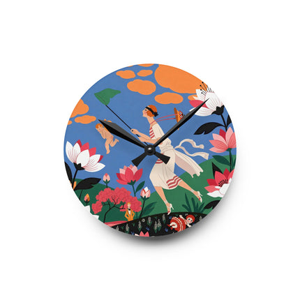 🌸🪽 The Lady Chasing Cupid Acrylic Wall Clock – Art Deco Garden Whimsy