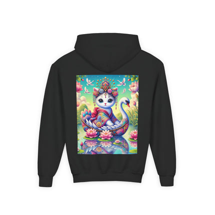 Geisha Kitten’s River Voyage Youth Hooded Sweatshirt – Adventure on a Whimsical River