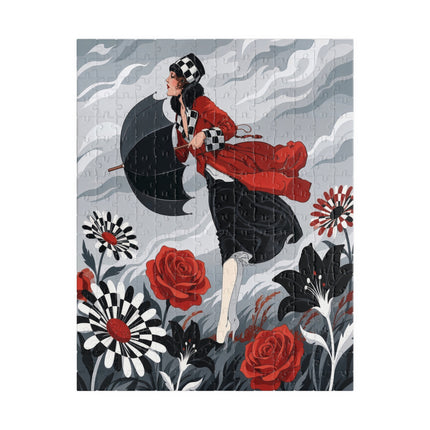 🌹☂️ The Lady In The Storm Puzzle – Art Deco Floral Drama