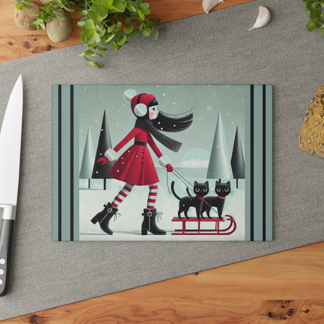 Red Sled & Curious Cats Glass Cutting Board