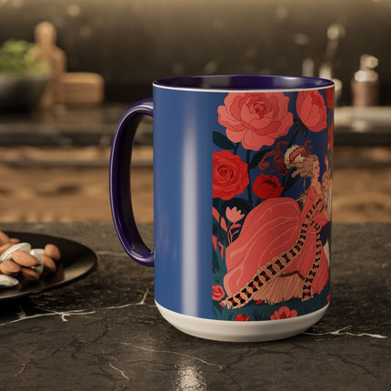 The Lady And The Scarlet Macaw Colorful Mugs – Art Deco Floral Elegance