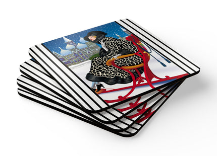 Elegant Winter Woman in Sleigh Corkwood Coaster Set