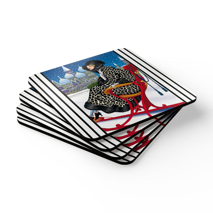 Elegant Winter Woman in Sleigh Corkwood Coaster Set