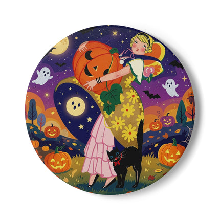 🎃🐈‍⬛ The Pumpkin Moon Embrace Ceramic Coaster – Whimsical Halloween Charm