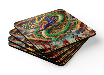 Tibetan Dragon Over Kabuki Duel Corkwood Coaster Set
