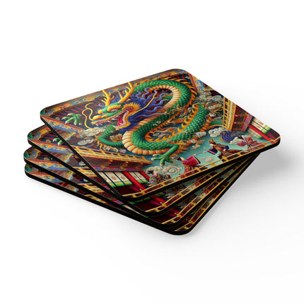Tibetan Dragon Over Kabuki Duel Corkwood Coaster Set