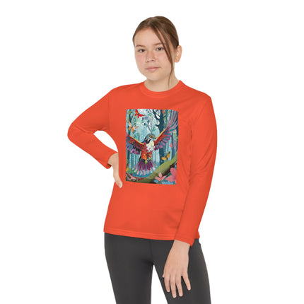 A Colorful Raptor Youth Long Sleeve Competitor Tee – Dino Adventure & Forest Wonder