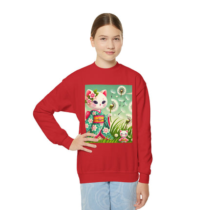 Geisha Kitten and the Dandelion Wish Youth Crewneck Sweatshirt – Gentle Magic, Dreams & Quiet Beauty