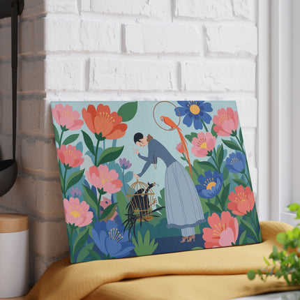 🌺🦜 The Lady Of The Enchanted Aviary Glass Cutting Board – Art Deco Floral Garden