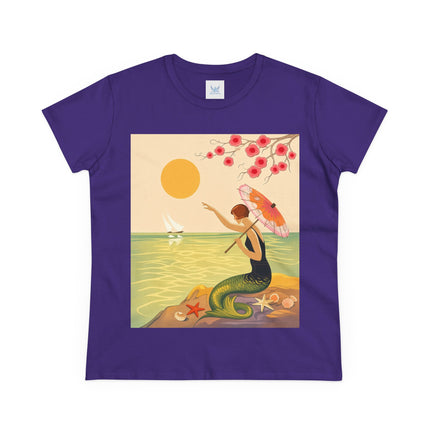 🧜‍♀️🌸 The Mermaid Beneath The Blossoms Cotton Tee – Art Deco Seaside Fantasy