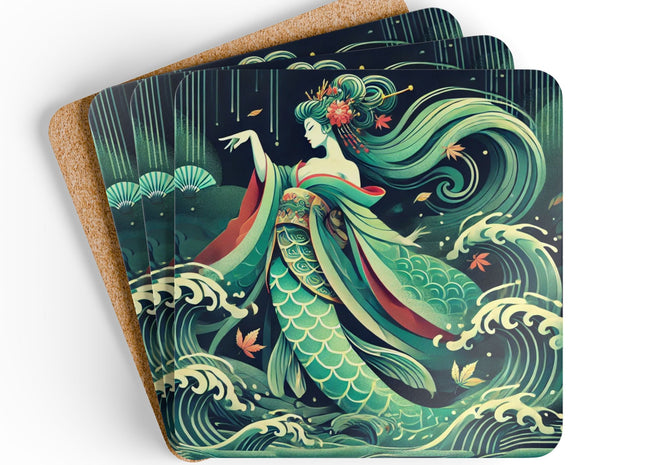 Mermaid Queen Rising from the Deep Corkwood Coaster Set