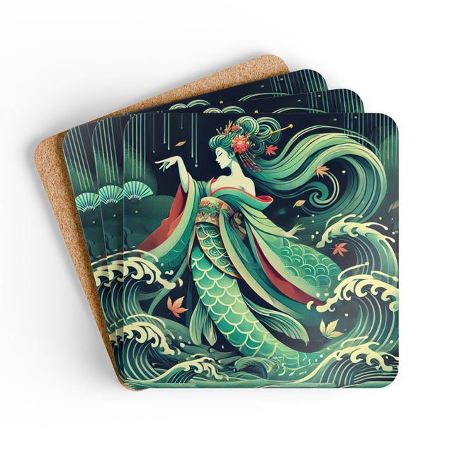 Mermaid Queen Rising from the Deep Corkwood Coaster Set