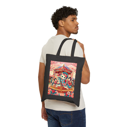 Geisha Kitten's Enchanted Carousel Ride Cotton Canvas Tote Bag – Whimsical Dreams & Cherry Blossom Magic