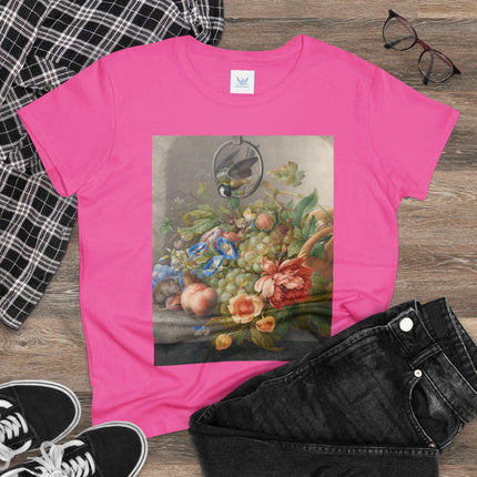 Still Life With Flowers, Fruit, A Great Tit And A Mouse by Herman Henstenburgh Women's Midweight Cotton Tee