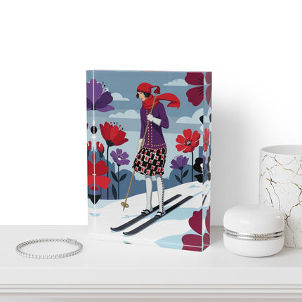 🎿❄️ The Winter Flower Skier Acrylic Art Block – Art Deco Alpine Fantasy