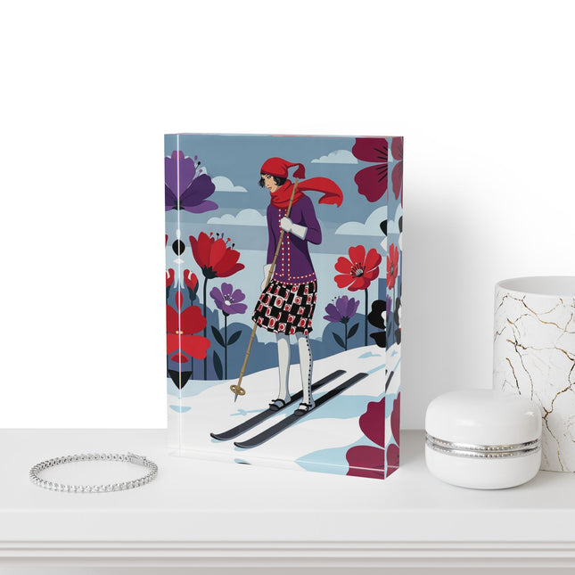 🎿❄️ The Winter Flower Skier Acrylic Art Block – Art Deco Alpine Fantasy