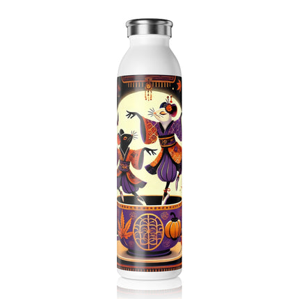 Theatrical Halloween Kabuki Mice on Teacup  Slim Water Bottle