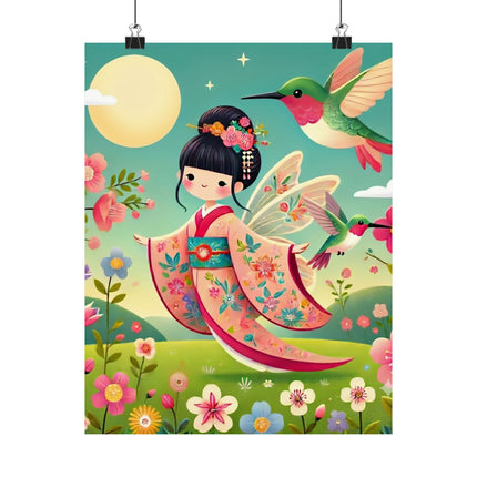 🧚🌺 Geisha Fairy and the Hummingbird Blossom Matte Vertical Poster – Grace, Wonder & Floral Magic