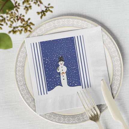 Snowman in Falling Snow White Coined Napkins
