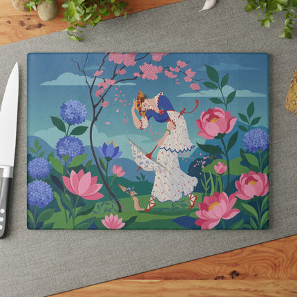 🌸☂️ The Lady Of The Falling Cherry Blossoms Glass Cutting Board – Art Deco Garden Fantasy
