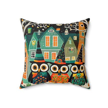 Night of the Trick-or-Treating Owlets Spun Polyester Square Pillow