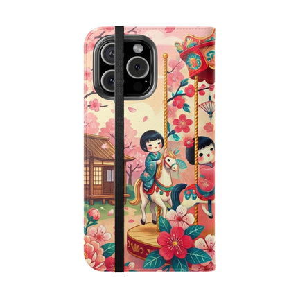 🎠🌸 Geisha Kitten's Enchanted Carousel Flip Case – Whimsical Dreams & Cherry Blossom Magic