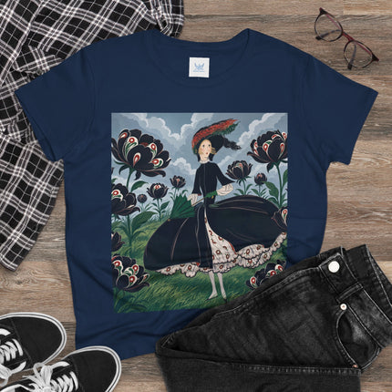 ❤️🌺 The Scarlet Parasol Garden Cotton Tee – Art Deco Floral Elegance