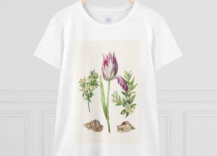 Tulip flower with Two Branches of Myrtle and Shells Cotton Tee
