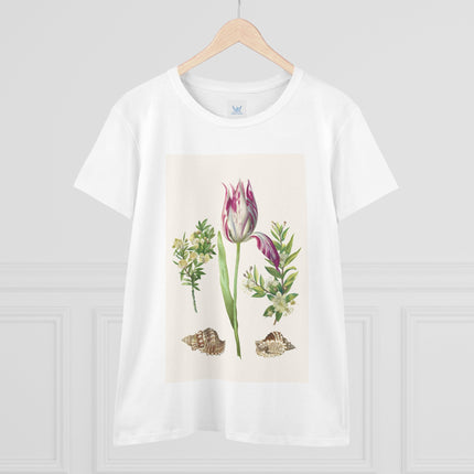 Tulip flower with Two Branches of Myrtle and Shells Cotton Tee
