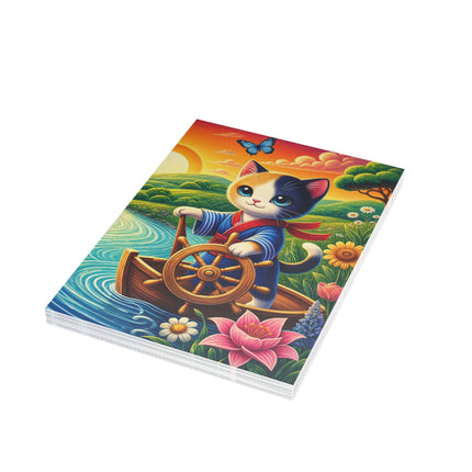 🌅🐱 The Sunset River Sailor Kitten Greeting Card – Whimsical Floral Adventure