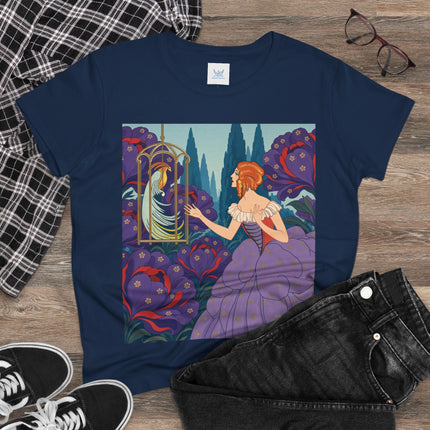 🦜💜 The Enchanted Birdcage Promenade Cotton Tee – Art Deco Floral Fantasy