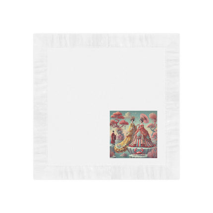 Cherry Blossom Courtesans & Crimson Crab White Coined Napkins – Imperial Elegance & Playful Charm