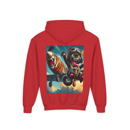 Parachuting Cat Commando Youth Hooded Sweatshirt – Action, Adventure & Wild Imagination