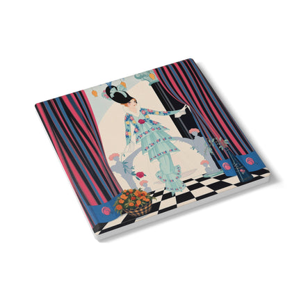 🌹🎭 The Lady Between The Curtains Ceramic Coaster – Art Deco Floral Theatre