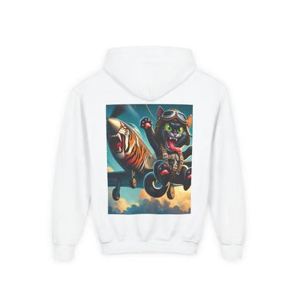 Parachuting Cat Commando Youth Hooded Sweatshirt – Action, Adventure & Wild Imagination