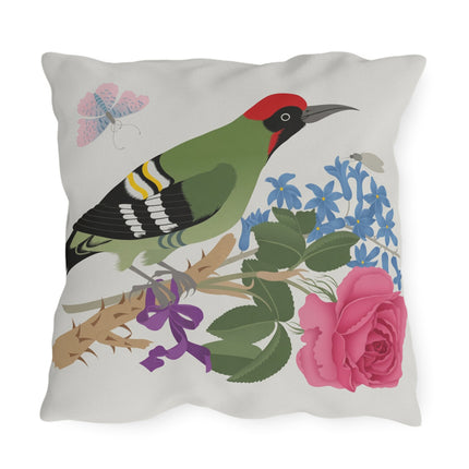Woodpecker & Rose Outdoor Pillows – Vibrant Nature & Timeless Charm