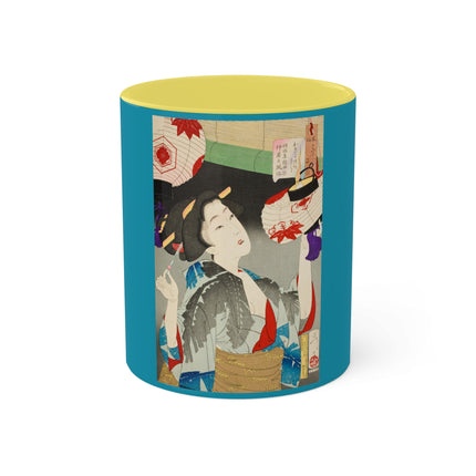Looking Observant; The Appearance of a Kyoto Waitress of the Meiji Era by Tsukioka Yoshitoshi Colorful Mugs, 11oz