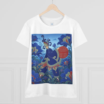 💙🌺 The Imperial Blue Garden Cotton Tee – Art Deco Oriental Elegance