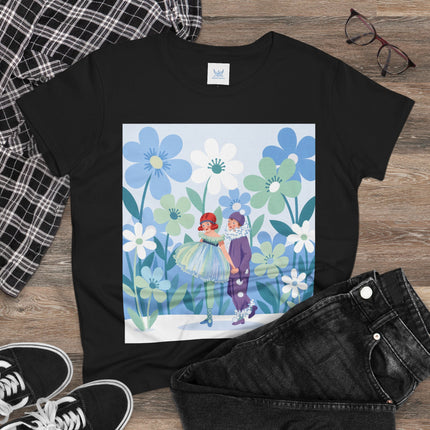 🌸🎭 The Little Dancers In The Flower Garden Cotton Tee – Art Deco Floral Whimsy