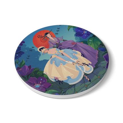 👒🌺 The Ladies Of The Enchanted Garden Stroll Ceramic Coaster – Art Deco Floral Elegance