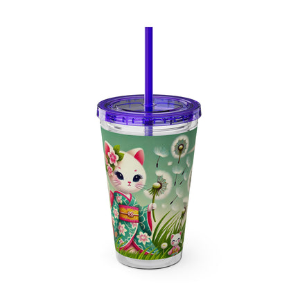 Geisha Kitten and the Dandelion Wish Sunsplash Tumbler with Straw, 16oz