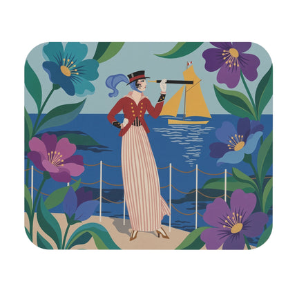 🌊🔭 The Lady Of The Golden Sail Mouse Pad – Art Deco Seaside Adventure