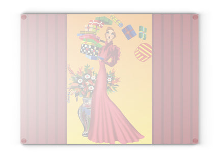 Elegant Holiday Woman with Gifts Glass Cutting Board
