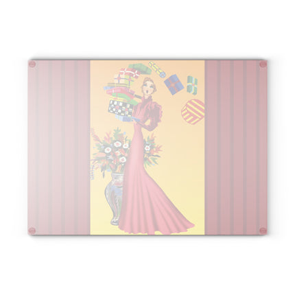 Elegant Holiday Woman with Gifts Glass Cutting Board