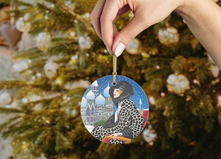 Elegant Winter Woman in Sleigh Glass Ornament