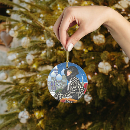 Elegant Winter Woman in Sleigh Glass Ornament