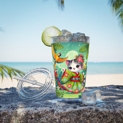 Parrot Dance of the Geisha Kitten Sunsplash Tumbler with Straw, 16oz