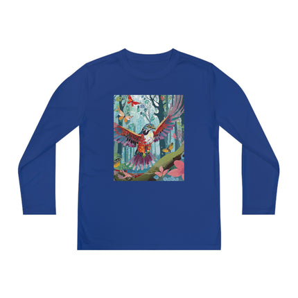 A Colorful Raptor Youth Long Sleeve Competitor Tee – Dino Adventure & Forest Wonder
