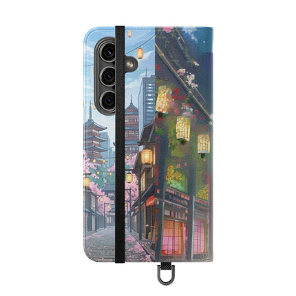 🦚🌸 Techno Plumes Peacock Flip Case – Neon Elegance & Sakura Dreams