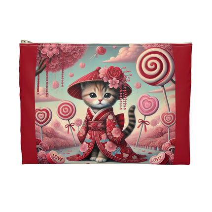 Whimsical Geisha Kitten in a Valentine Garden Accessory Pouch
